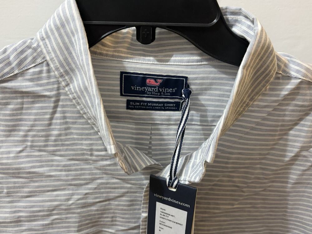 NWT $98 Vineyard Vines Slim Fit Murray Blue White Striped Cotton Linen Mens M